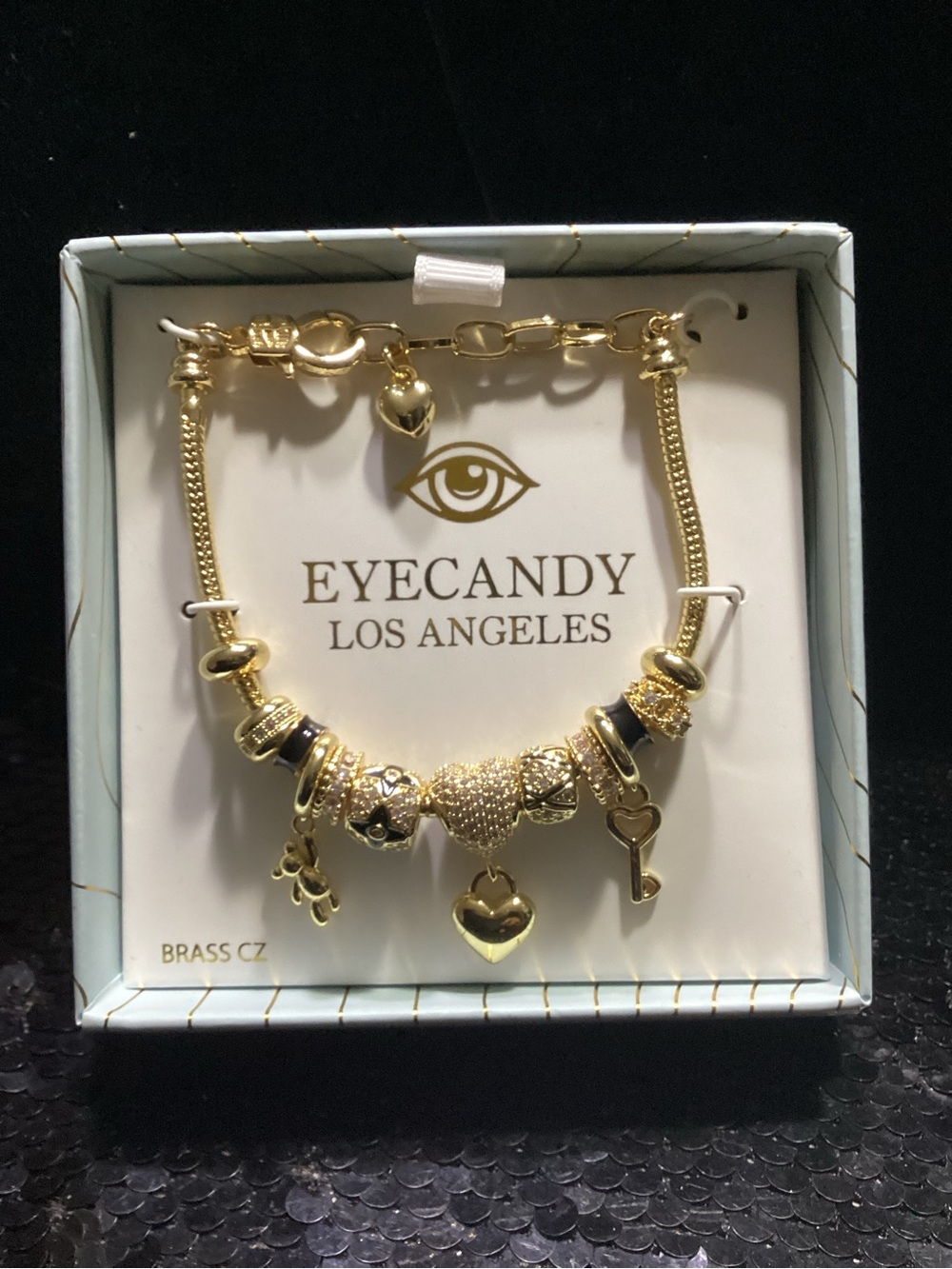 eye candy Gold Charm Bracelet with Heart & Key Accents